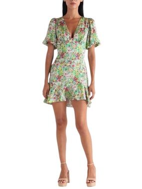 Topshop Sketchy Floral Dipped Neckline Ruffle Hem Tea Women's Dress Size 10